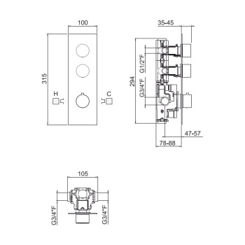 Внешняя часть вертикальная двухстороннего горизонтального термостатического смесителя с высокой проп. способн.. круглые ручки. хром Carimali Iltondo 21029EST-CR