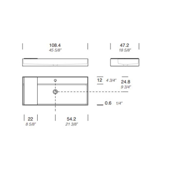 Раковина Milldue MAN 108 накладная из CRISTALPLANT ,108,4х47,2, с 1 отв для смесителя, белый матовый 2464*1 Bianco Opaco