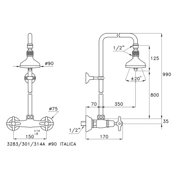 Душевой комплект Stella Italica 3283/301/314A-90: смеситель, штанга+верхний душ 90 хром IT 02410 CR00