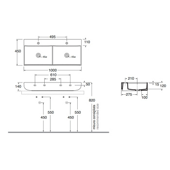 Раковина двойная накладная Azzurra Leuca 100х45х14, без отв. под смеситель, белый LELP10045D00BI*0