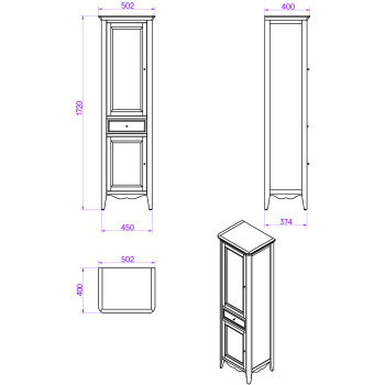 Пенал Tw Veronica 50.2/45x40/37.4xh172, 1выдв.ящик, 2 распашные дверки, доводчики Blum, петли слева-SX,, noce, ручки riflesso бронза VER3050S-N
