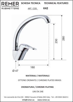 Смеситель для кухни Remer Kiss  хром K42