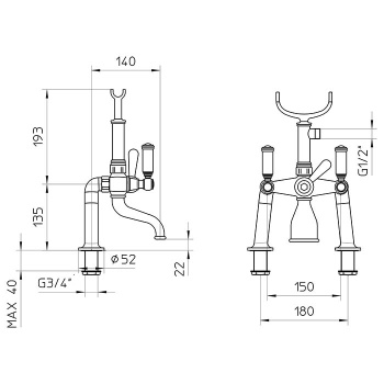 Bossini Liberty Смеситель на борт ванной на 2 отв. с переключателем, лейка Liberty, шланг из латуни