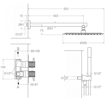 Смеситель для душа Ramonsoler Odisea встраиваемый термост на 2 выхода с тропи ручдушем joya медь K5987022CUC
