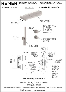 Душевая система Remer X-style inox нержавеющая сталь SSX93PS02MMCA