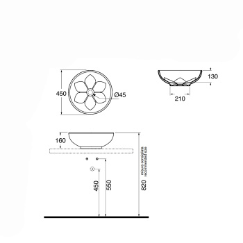 Раковина накладная круглая диаметр Azzurra Fleur 45хh16, без отв. под смеситель, tortora LALA045160F0TO*0