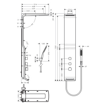 HG Raindance Lift Душевая панель с верхним душем + водопад, ручным душем и термостатом. цвет: хром