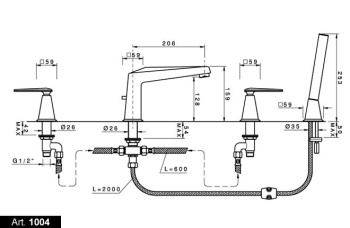 Смеситель на борт ванны Nicolazzi Vincent на 4 отв., излив: 206 мм, с ручным душем, золото 1004GO28