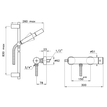 Душевой комплект Stella Bamboo 3283AC/302-6: смеситель, штанга+ручной душ, хром BT 02420 CR00