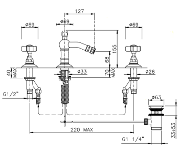Смеситель для биде Nicolazzi Dames Anglaises на 3 отверстия, с донным клапаном, излив: 127мм, хром 1415CR18