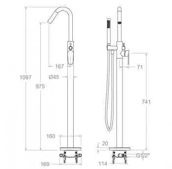 Смеситель для ванны Ramonsoler Alexia напольный с душевым комплектом графит 368503DGR