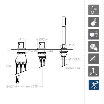 Смеситель на борт ванны Ramonsoler Arola термостатический с ручным душем 2633TSCAM