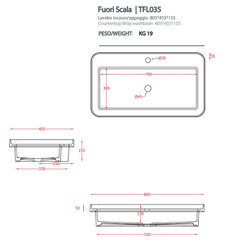Раковина Artceram Fuori Scala 80х45, с 1 отв., встраиваемая, без перелива, matera TFL035 41 00 *1