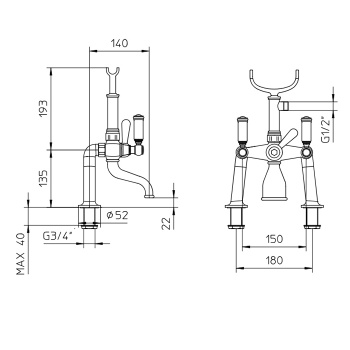 Bossini Liberty Смеситель на борт ванной, на 2 отв., с ручным душем, цвет: античная бронза Z001106.0