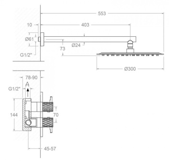 Смеситель для душа Ramonsoler Odisea встраиваемый термостат на 1 выход с тропическим душем joya медь K5924023CUC