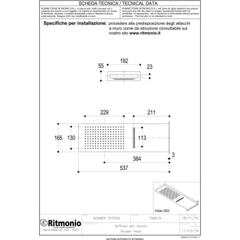 Верхний душ Ritmonio Shower 537х165 мм из стены нержавеющая сталь 75A019INOX