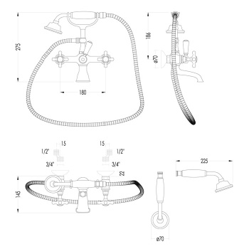 Смеситель для ванны настенный с лейкой и шлангом Devon&Devon Austin светлое золото UTAU933