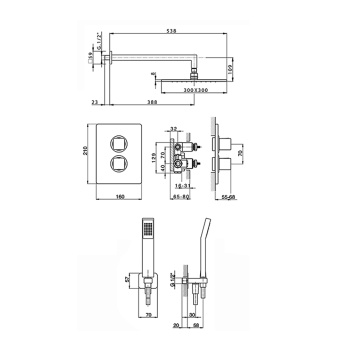 Душевой комплект Cisal Cubic однорычажный смеситель с переключателем, верхний душ 300х300мм., ручной душ с держ. и подводом воды, хром CU0KT01021