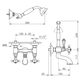 Смеситель для ванны Nicolazzi Petit Mont Blanc с ручным душем со стены 1402CR78