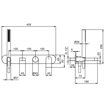 Смеситель для ванны Fantini Mare встраиваемый, излив 150, с ручн.душем, наружная часть, хром 51 02 V020B