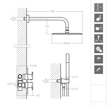Смеситель для душа Ramonsoler Tzar встраиваемый термостатический с тропическим и ручным душем золото K3487011OC