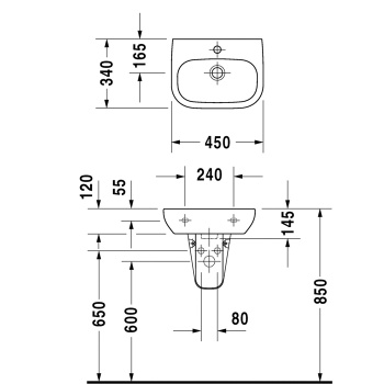 Duravit D-Code Раковина для рук,с перел.,с 1 отв. под смес., 450x340мм, Цвет: Белый (СПЕЦЦЕНА)
