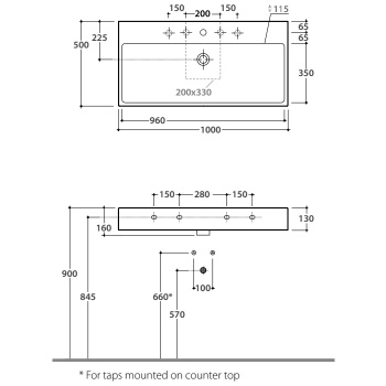 Раковина Globo T-Edge 100х50х13см., 1 отв., накладная, белый SCQ100.BI