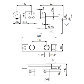 Смеситель для раковины настенный встраиваемый Fantini Aa/27 33 93 Y111B сталь