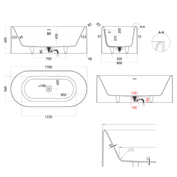 Ванна из искусственного камня Salini Sofia 170x80 1049201M