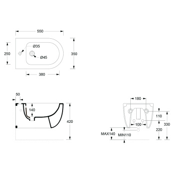 Биде подвесное Alice Unica 55х35, без комплекта крепежа FIX10, чёрный матовый, 32250108