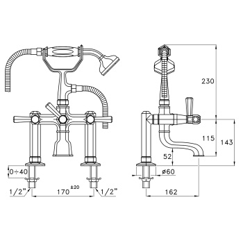 Смеситель на борт ванны Stella Eccelsa Leve на 2 отверстия 3274RG306 с ручным душем, золото 24К EL 02207 AU00