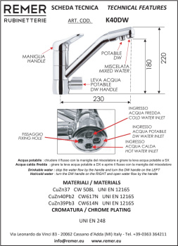 Смеситель для кухни Remer   выход для питьев. воды Kiss хром K40DW