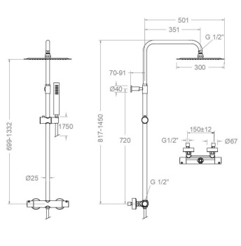 Душевая система Ramonsoler Urban Chic термостатическая без излива с регулировкой высоты чёрный 215411RK300NM