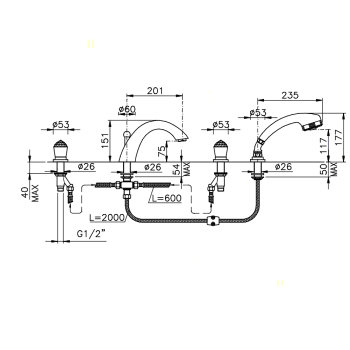 Смеситель на борт ванны Nicolazzi Cristallo на 4 отверстия, излив: 201мм, хром 2004CR22