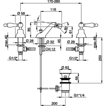 Смеситель для биде Cisal Arcana Toscana на 3 отверстия с донным клапаном, хром TS00122021