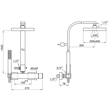Душевой комплект Stella Bamboo Quadro 3283/420/306-200: смеситель, штанга+ручной+верхний душ 200 хром BQ 02421 CR00