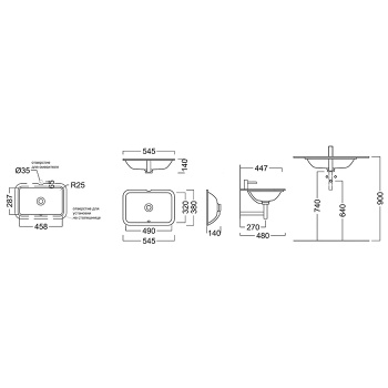 Раковина PLAZA встраиваемая снизу Kerama Marazzi 54 5x38x14, без отв. под смеситель, с переливом, белая глянцевая PLR.wbu.55