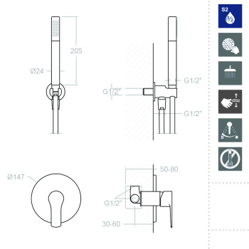Смеситель для душа Ramonsoler Titanium встраиваемый с ручным душем K1818011