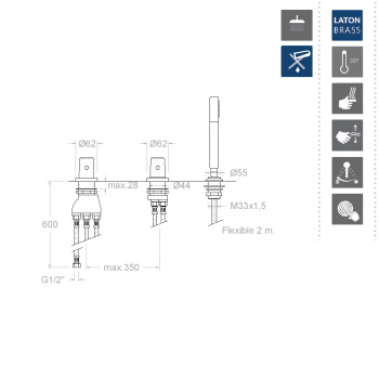 Смеситель на борт ванны Ramonsoler Tzar термостатический с ручным душем 343303TSCAM