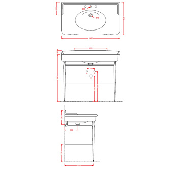 Металлическая структура с раковиной Artceram HERMITAGE 112х63, на 3 отв., со стеклянной полкой, напольная, хром, HEA017 71 cr