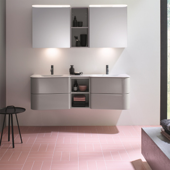 BurgBad Badu База подвесная с  умыв. из минер литья 152х51х49.2см, 4 ящика, 1полка, 2 отв под смеситель, цвет: лен серый глянцевый SFUJ152F3692C001*2