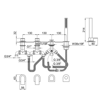 Смеситель на борт ванны Fantini Mare на 2 источника, 4 отв., с ручн душем, без излива, хром 51 02 6367