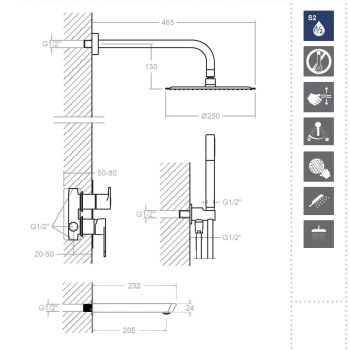 Смеситель для душа Ramonsoler Alexia встраиваемый с изливом, тропическим и ручным душем никель K3615031NC