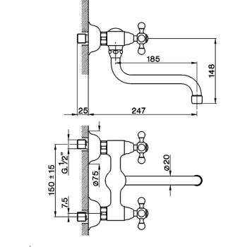 Смеситель для кухни Cisal Kitchen настенный, двухвентильный, с поворотным изливом 247 мм, хром AC00040021