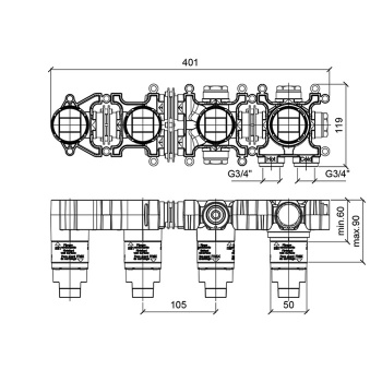 Встраиваемая часть однорычажного смесителя с переключателем Almar на 2 положения, горизонтальный модуль для ванны, E169004