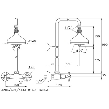 Душевой комплект Stella Italica 3283/301/314A-140: смеситель, штанга+верхний душ 140 хром IT 02411 CR00