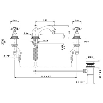 Смеситель для биде Nicolazzi Impero на 3 отверствия с донным клапаном, излив: 131 мм, хром 1215CR36L
