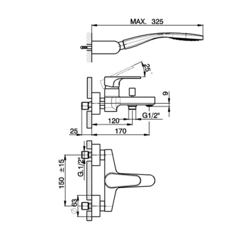 Смеситель для ванны Cisal Alma настенный, с ручной лейкой, держателем и шлангом, хром A300012021