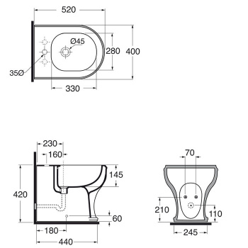 Биде напольное Azzurra Charme 52х40, с 1отв для смесителя, c креплением KIT 2000 CF, белый CHBIT000000MBI/(CHA500 bi)*1