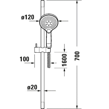 Duravit New! Душевой комплект: держатель для душа 700 мм, шланг для душа 1600 мм и ручной душ Ø 130, 3 режима Click, хром